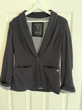 GUESS Black Shawl Collar Single-Button Blazer with Striped Lining